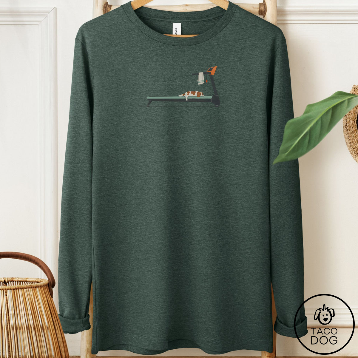 Cavalier King Charles Spaniel Treadmill Long Sleeve Tee Heather Forest Taco-Dog