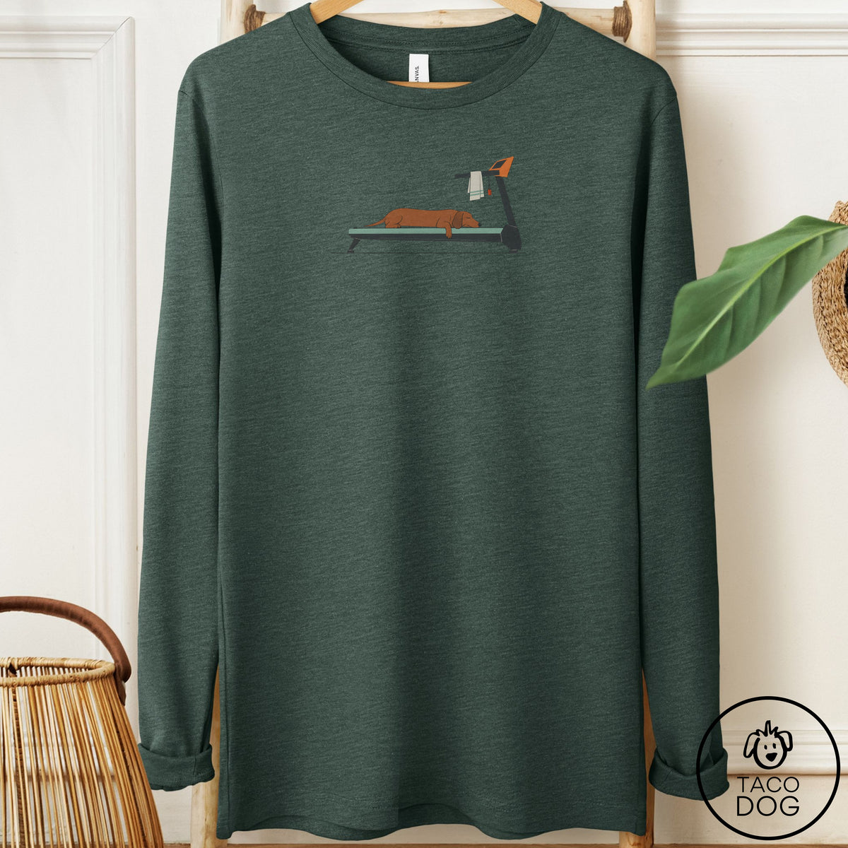 Dachshund Treadmill Long Sleeve Tee Heather Forest Taco-Dog