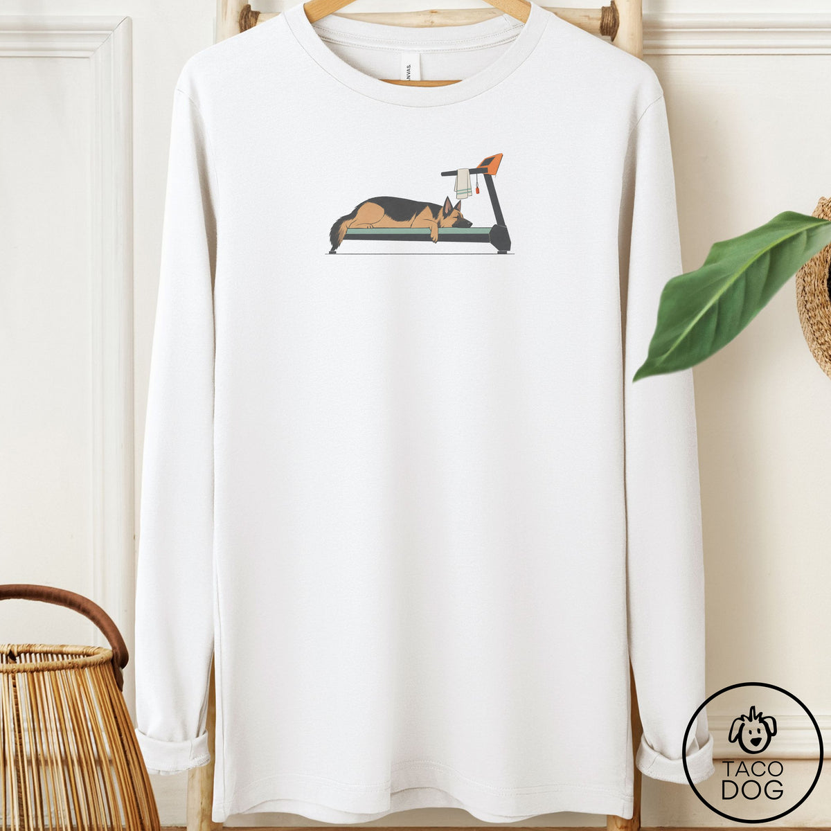 German Shepherd Treadmill Long Sleeve Tee White Taco-Dog