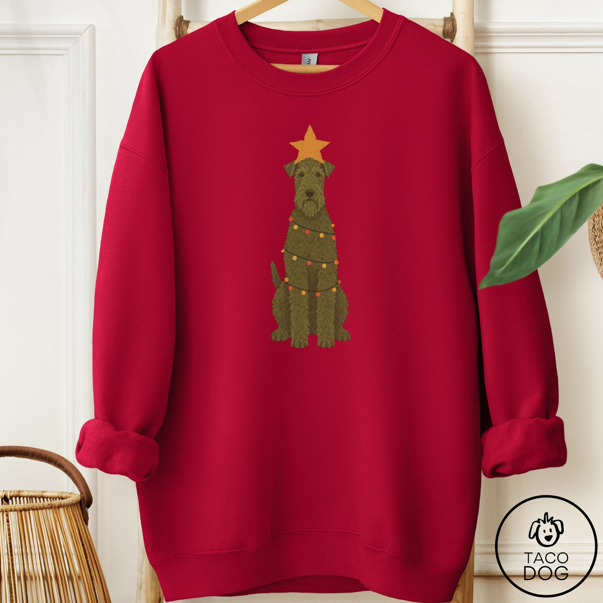 Airedale Christmas Tree Sweatshirt Cardinal Red Taco-Dog