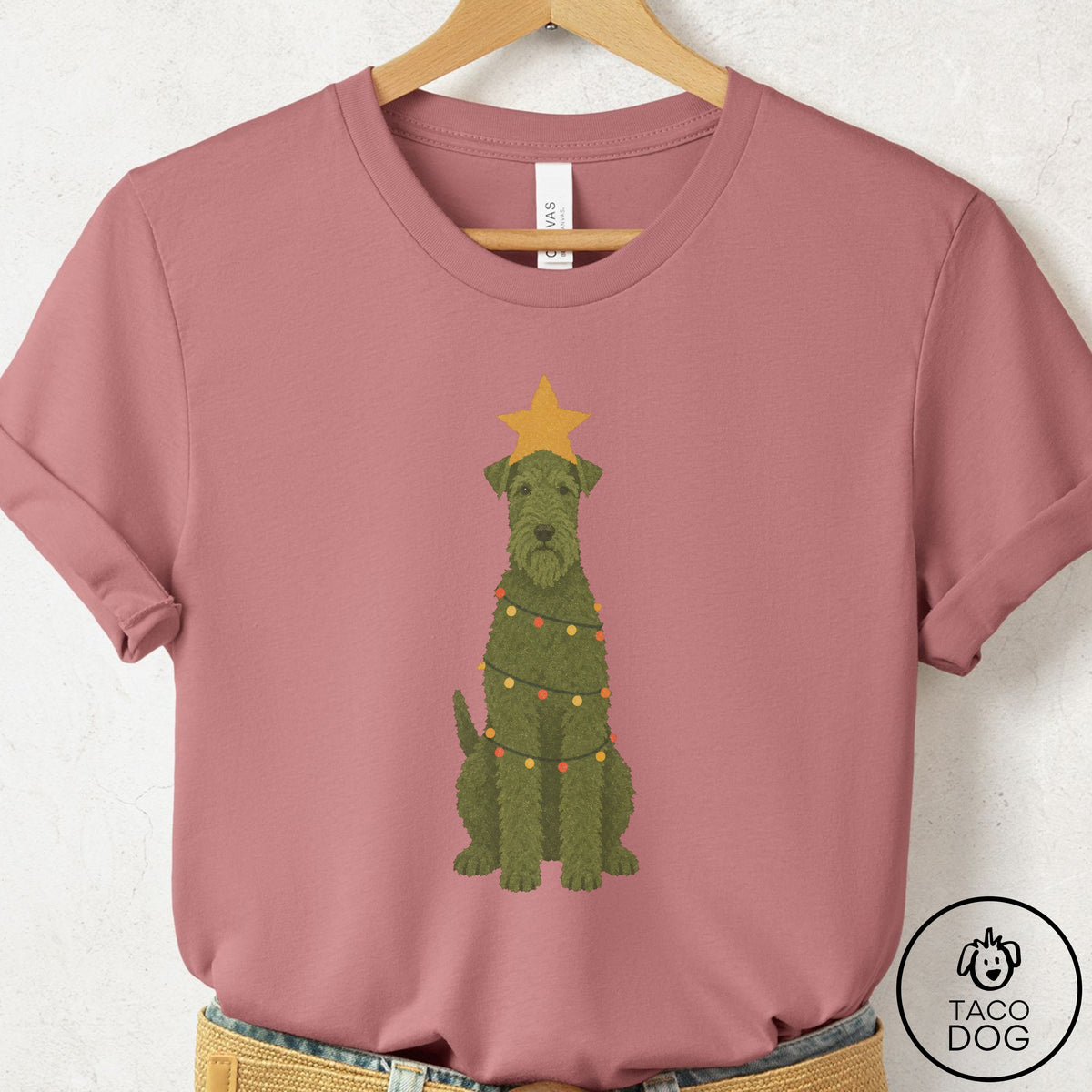 Airedale Christmas Tree T-Shirt Mauve Taco-Dog