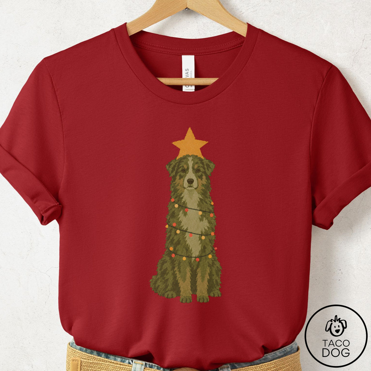 Australian Shepherd Christmas Tree T-Shirt Canvas Red Taco-Dog
