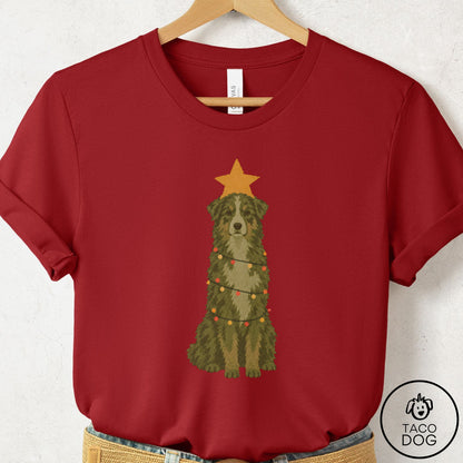 Australian Shepherd Christmas Tree T-Shirt Canvas Red Taco-Dog