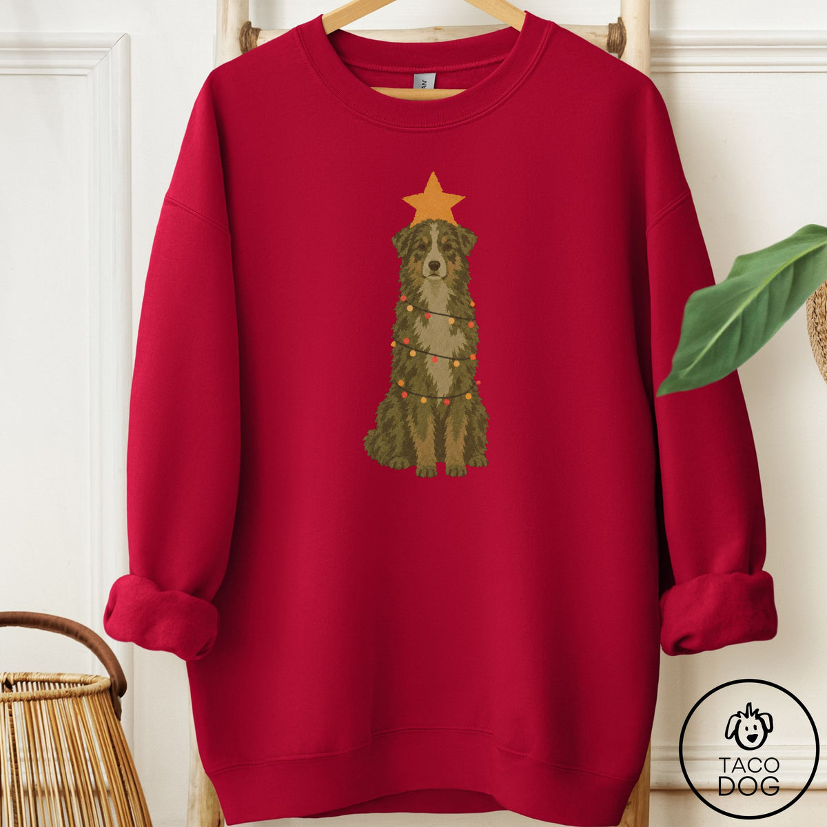 Australian Shepherd Christmas Tree Sweatshirt Cardinal Red Taco-Dog