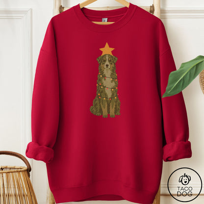 Australian Shepherd Christmas Tree Sweatshirt Cardinal Red Taco-Dog