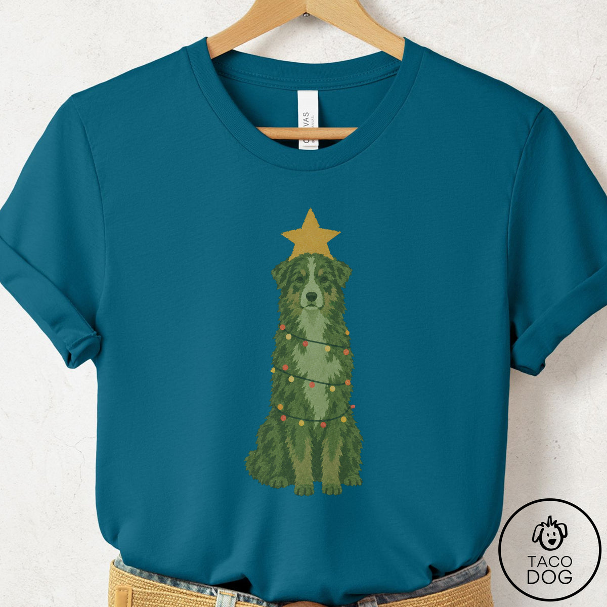 Australian Shepherd Christmas Tree T-Shirt Deep Teal Taco-Dog