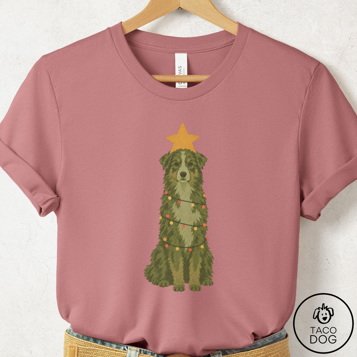 Australian Shepherd Christmas Tree T-Shirt Mauve Taco-Dog