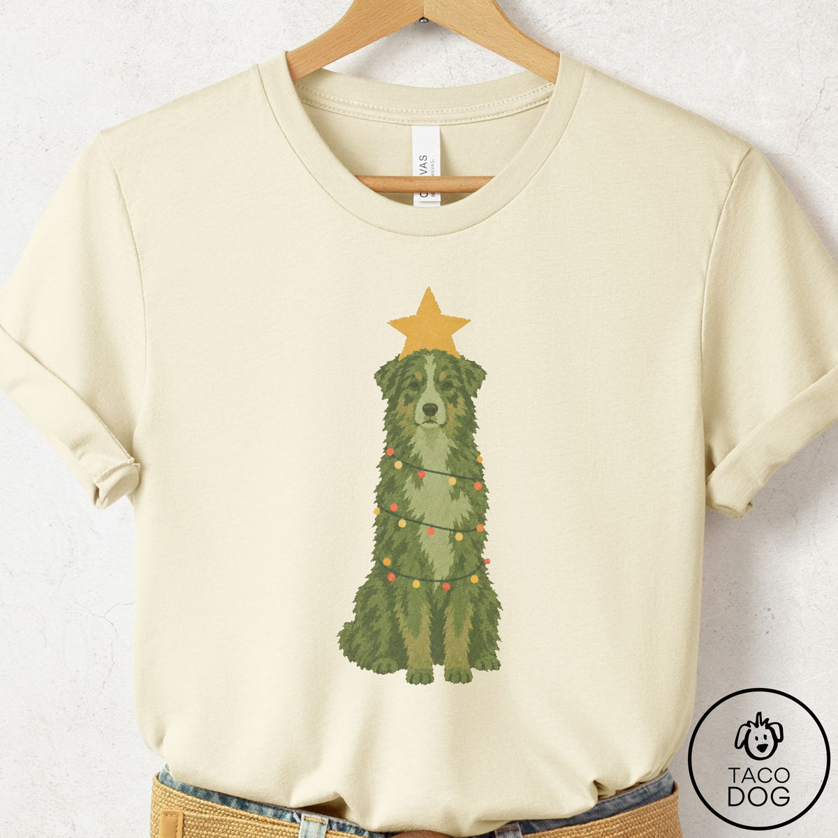Australian Shepherd Christmas Tree T-Shirt Natural Taco-Dog