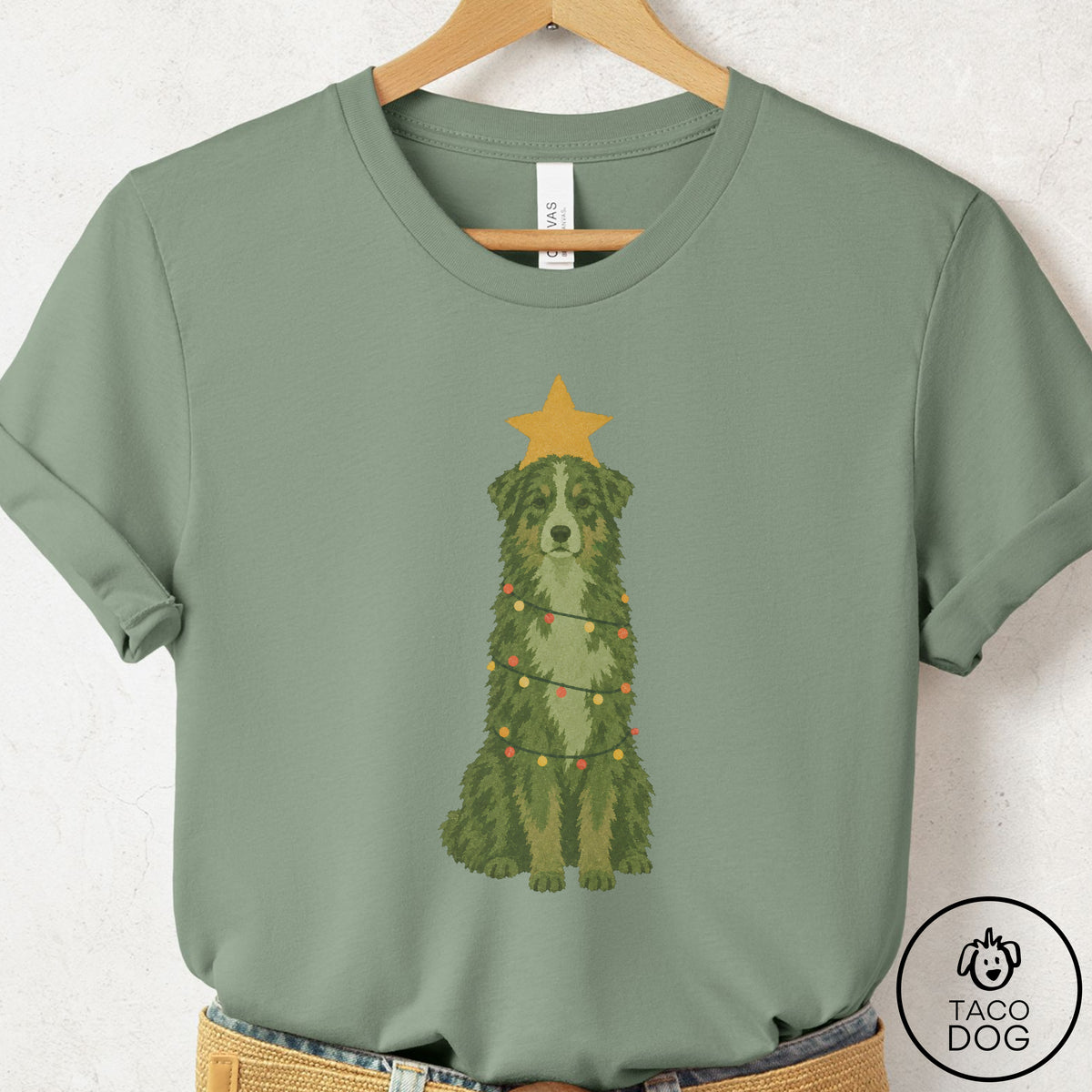 Australian Shepherd Christmas Tree T-Shirt Sage Taco-Dog