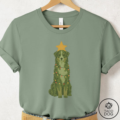 Australian Shepherd Christmas Tree T-Shirt Sage Taco-Dog