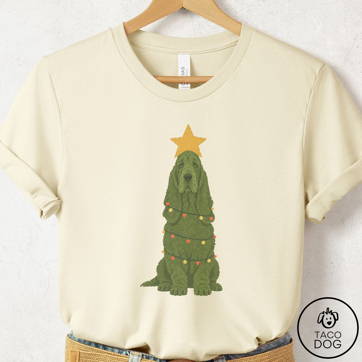 Basset Hound Christmas Tree T-Shirt Natural Taco-Dog