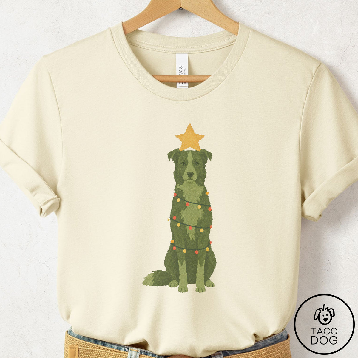 Border Collie Christmas Tree T-Shirt Natural Taco-Dog