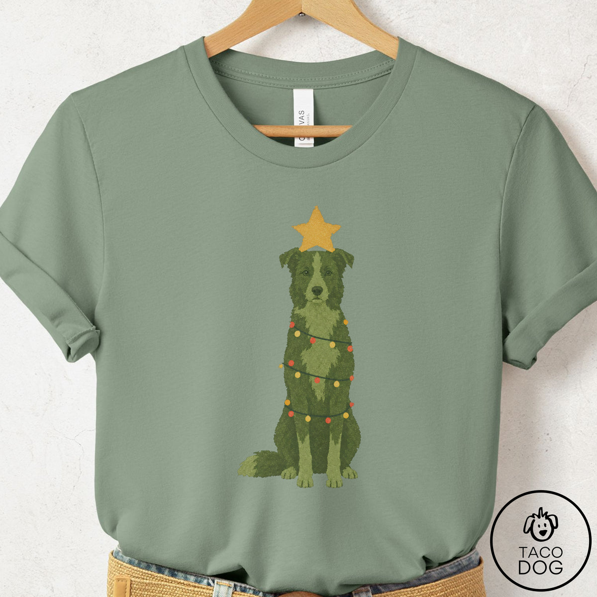 Border Collie Christmas Tree T-Shirt, design close-up