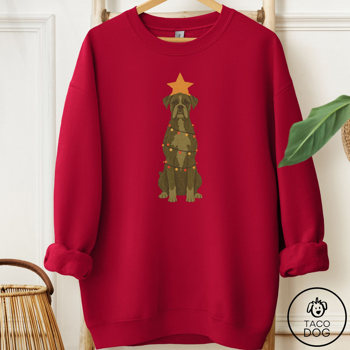 Boxer Christmas Tree Sweatshirt Cardinal Red Taco-Dog