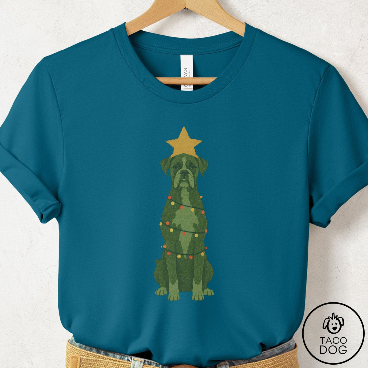 Boxer Christmas Tree T-Shirt Deep Teal Taco-Dog