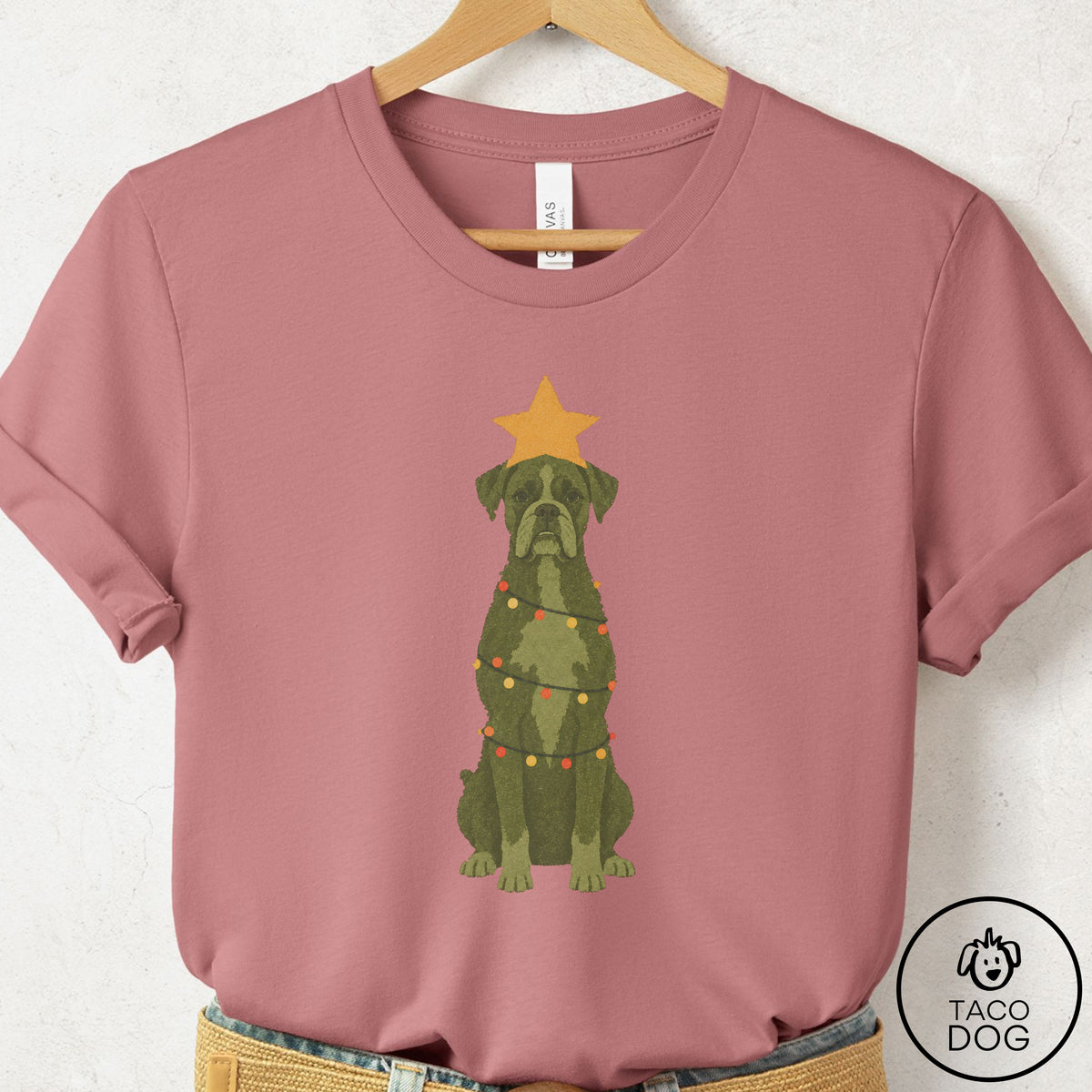 Boxer Christmas Tree T-Shirt Mauve Taco-Dog