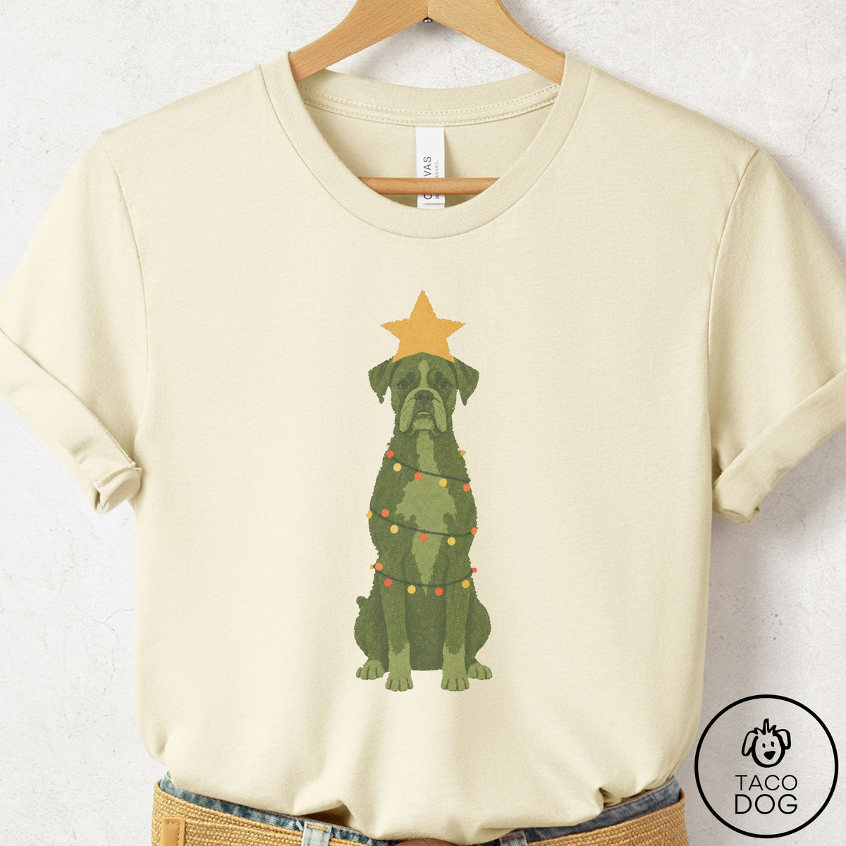 Boxer Christmas Tree T-Shirt Natural Taco-Dog