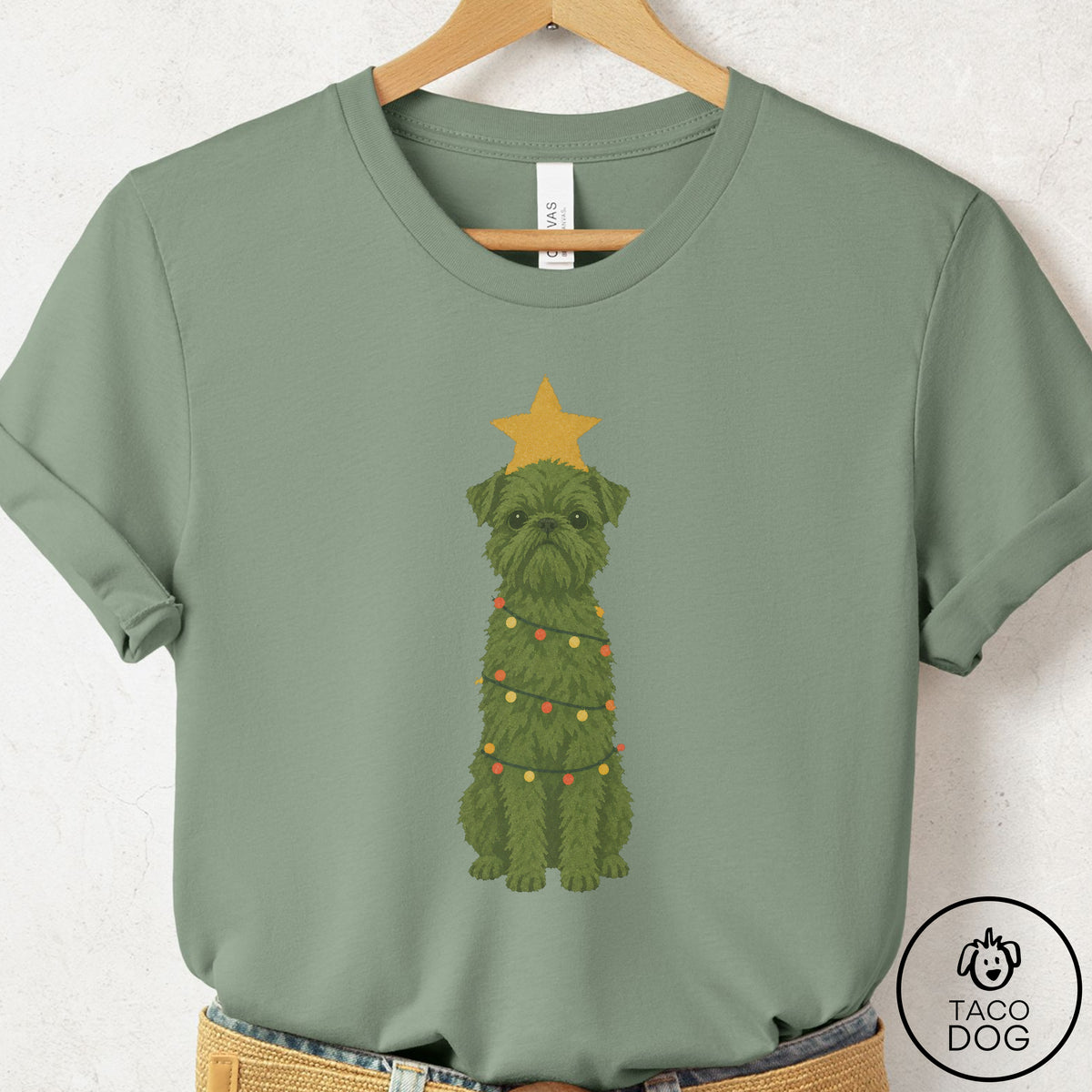 Brussels Griffon Christmas Tree T-Shirt Sage Taco-Dog