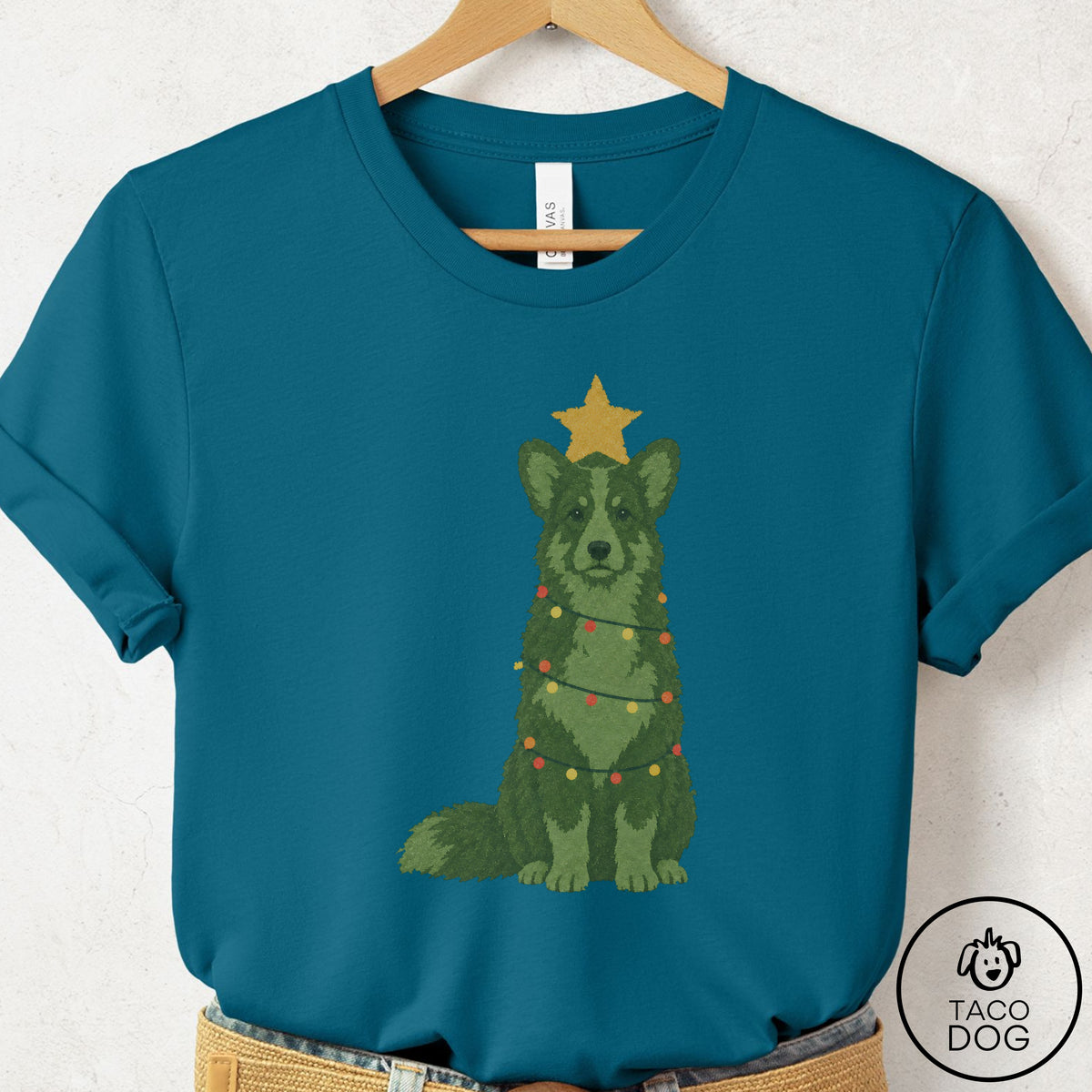 Cardigan Welsh Corgi Christmas Tree T-Shirt Deep Teal Taco-Dog