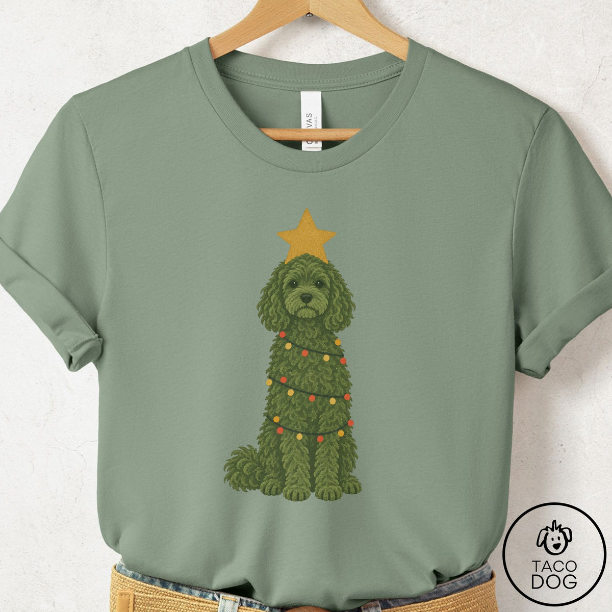 Cavapoo Christmas Tree T-Shirt Sage Taco-Dog
