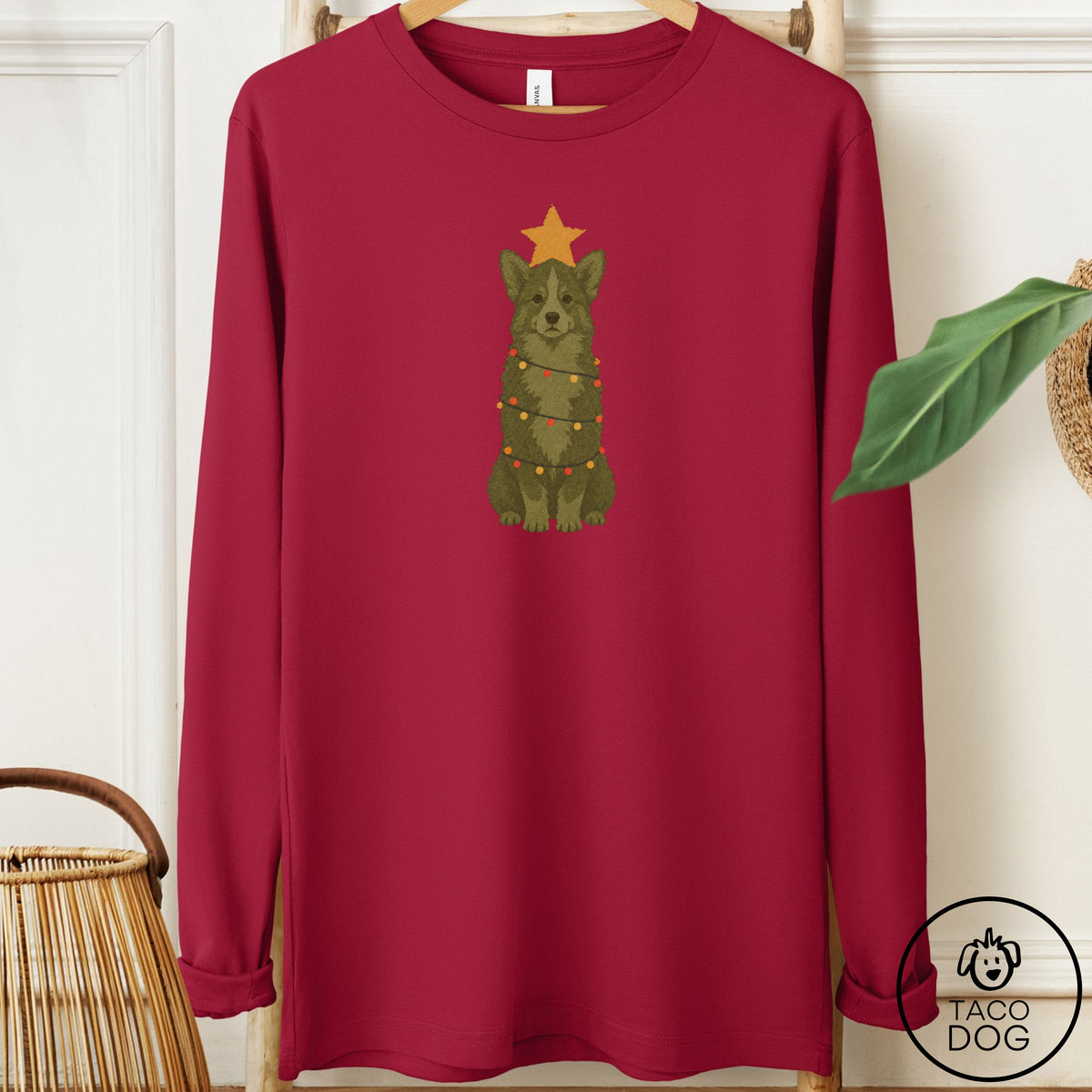 Corgi Christmas Tree Long Sleeve Tee Cardinal Taco-Dog