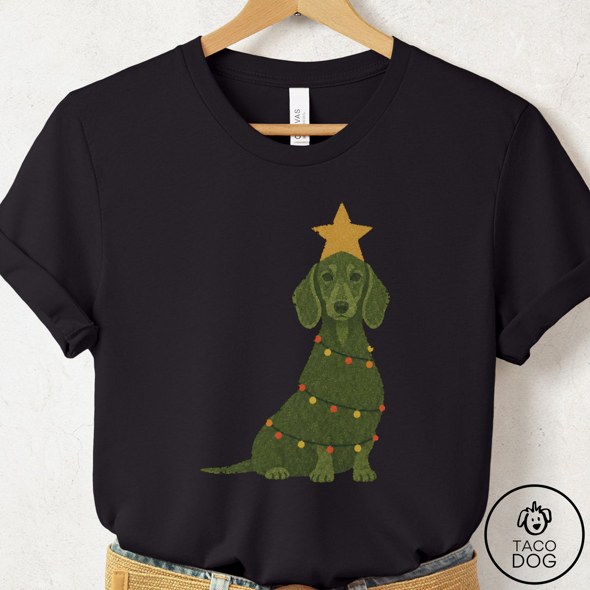 Dachshund Christmas Tree T-Shirt Black Taco-Dog