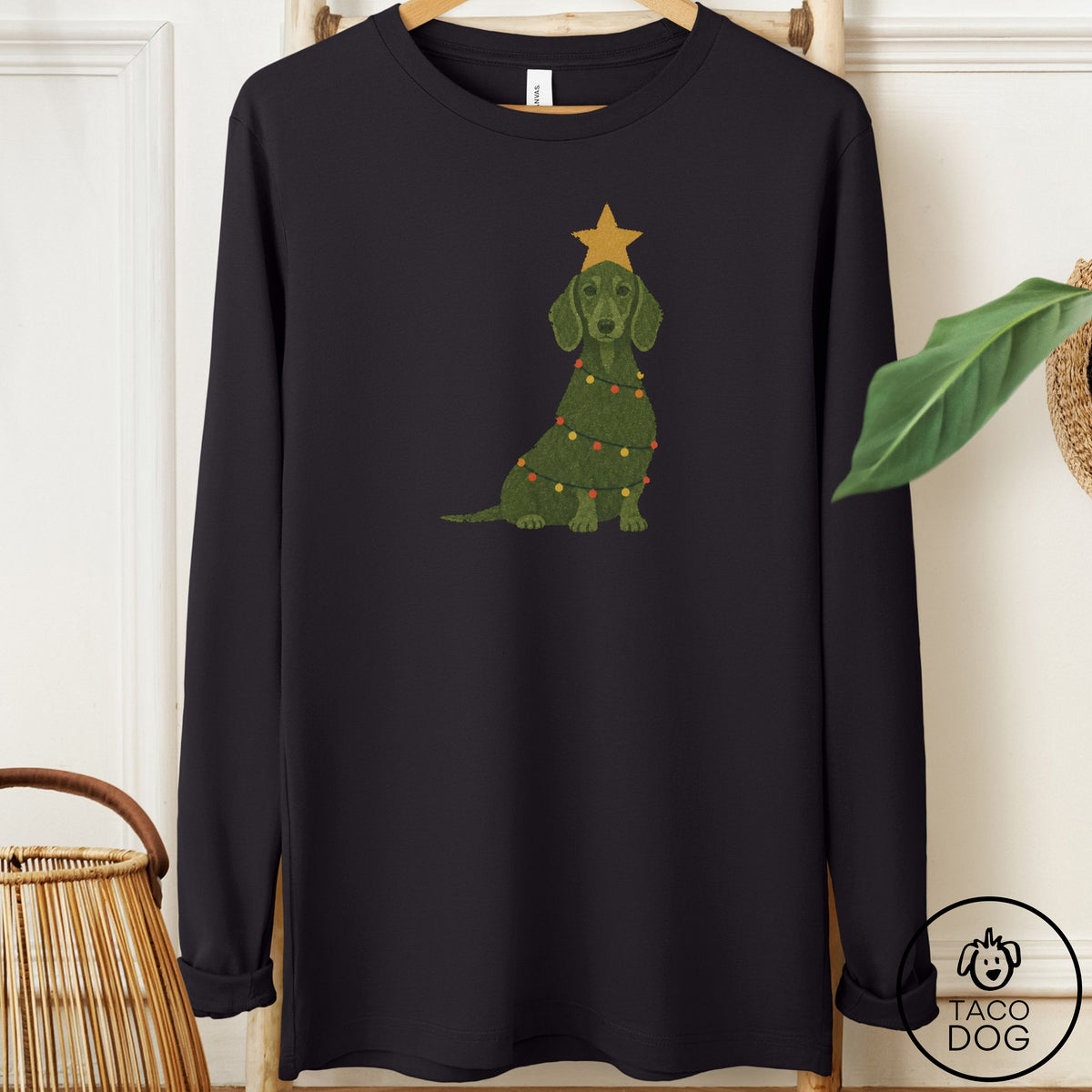Dachshund Christmas Tree Long Sleeve Tee Black Taco-Dog