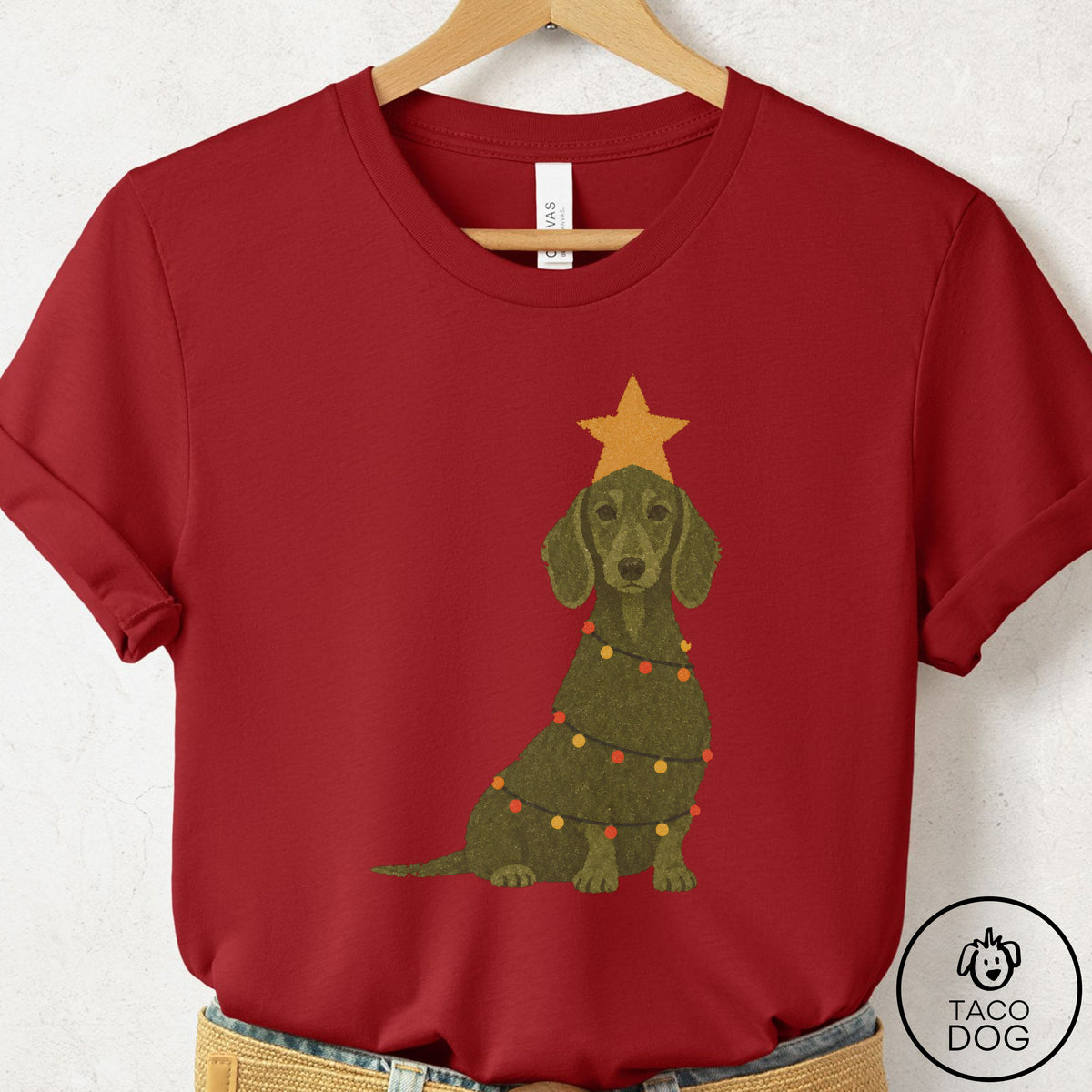 Dachshund Christmas Tree T-Shirt Canvas Red Taco-Dog