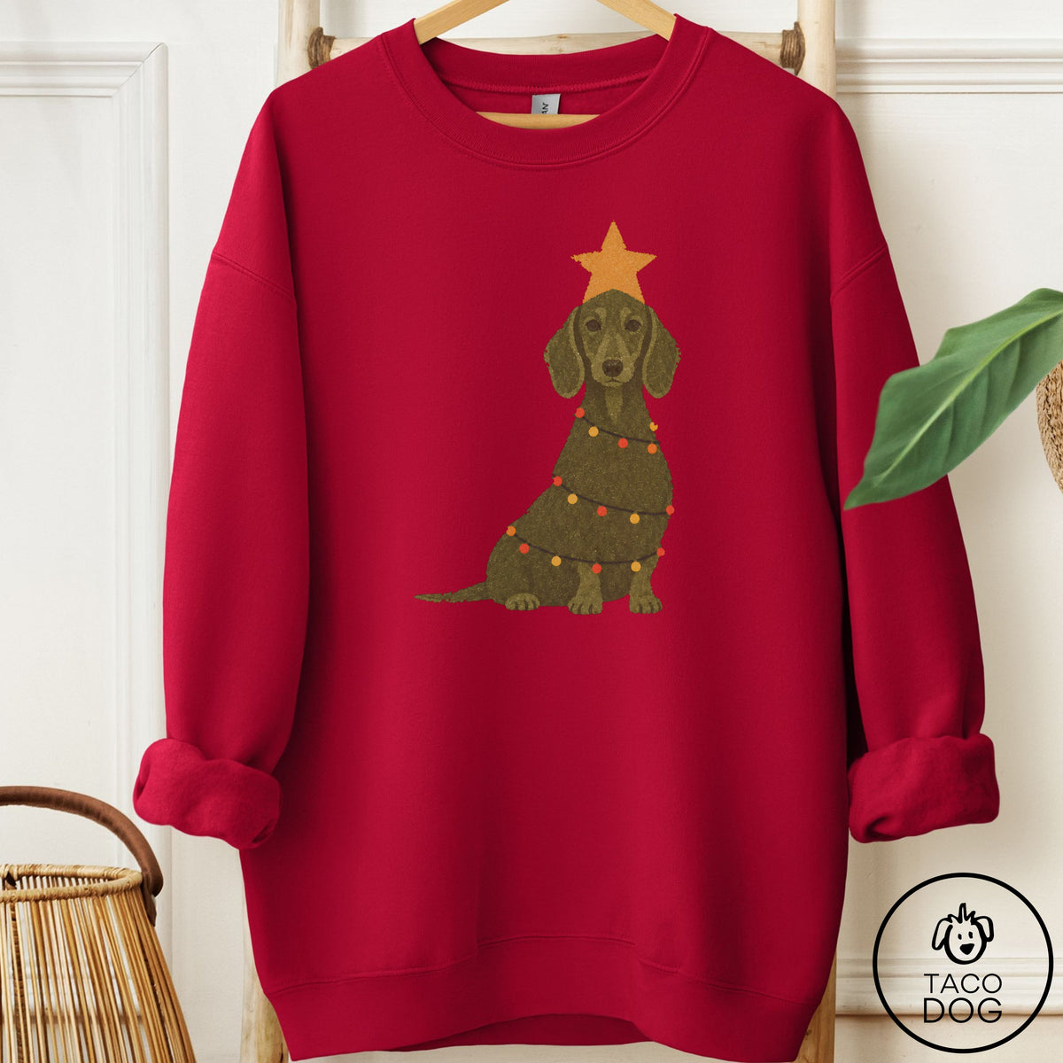 Dachshund Christmas Tree Sweatshirt Cardinal Red Taco-Dog
