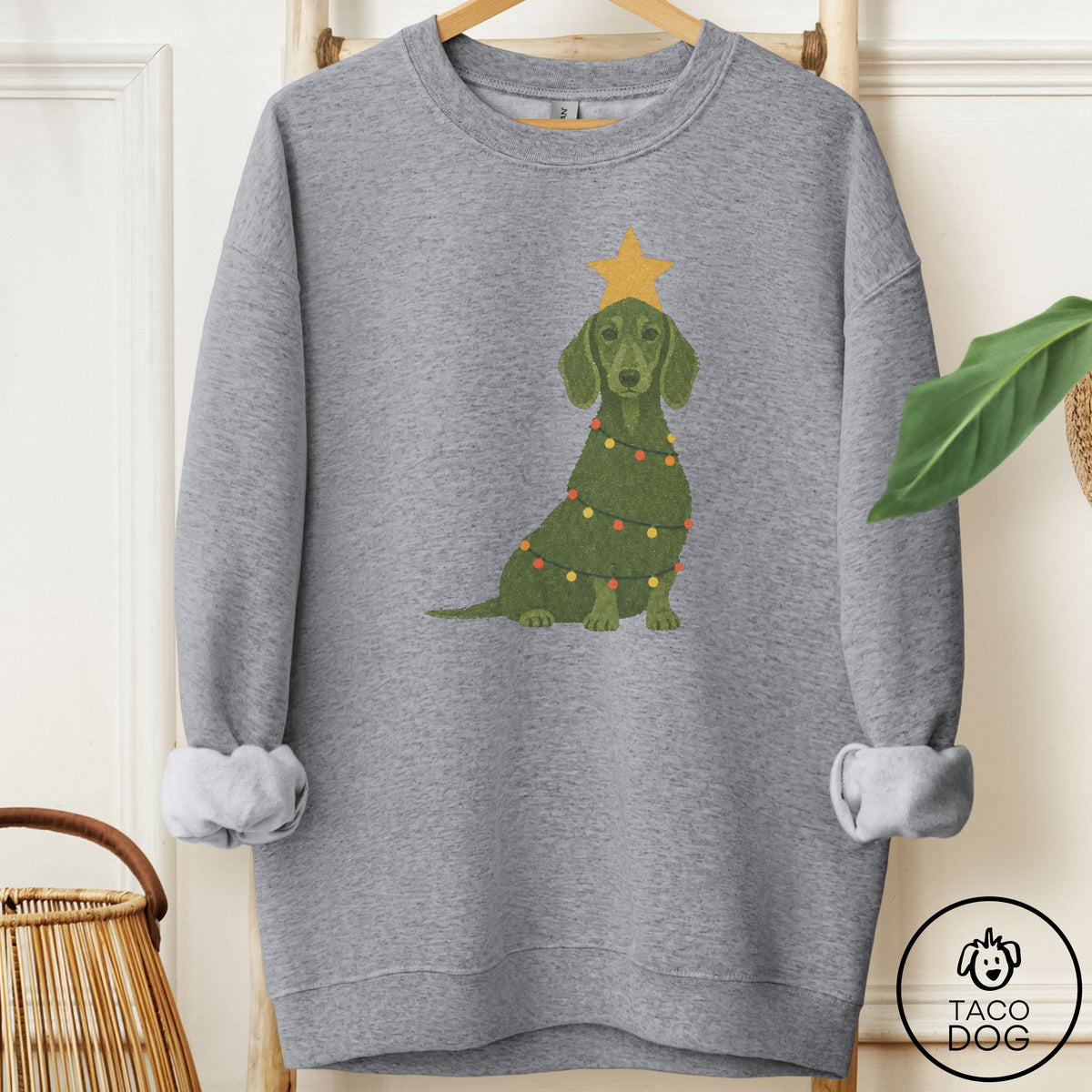 Dachshund Christmas Tree Sweatshirt Graphite Heather Taco-Dog