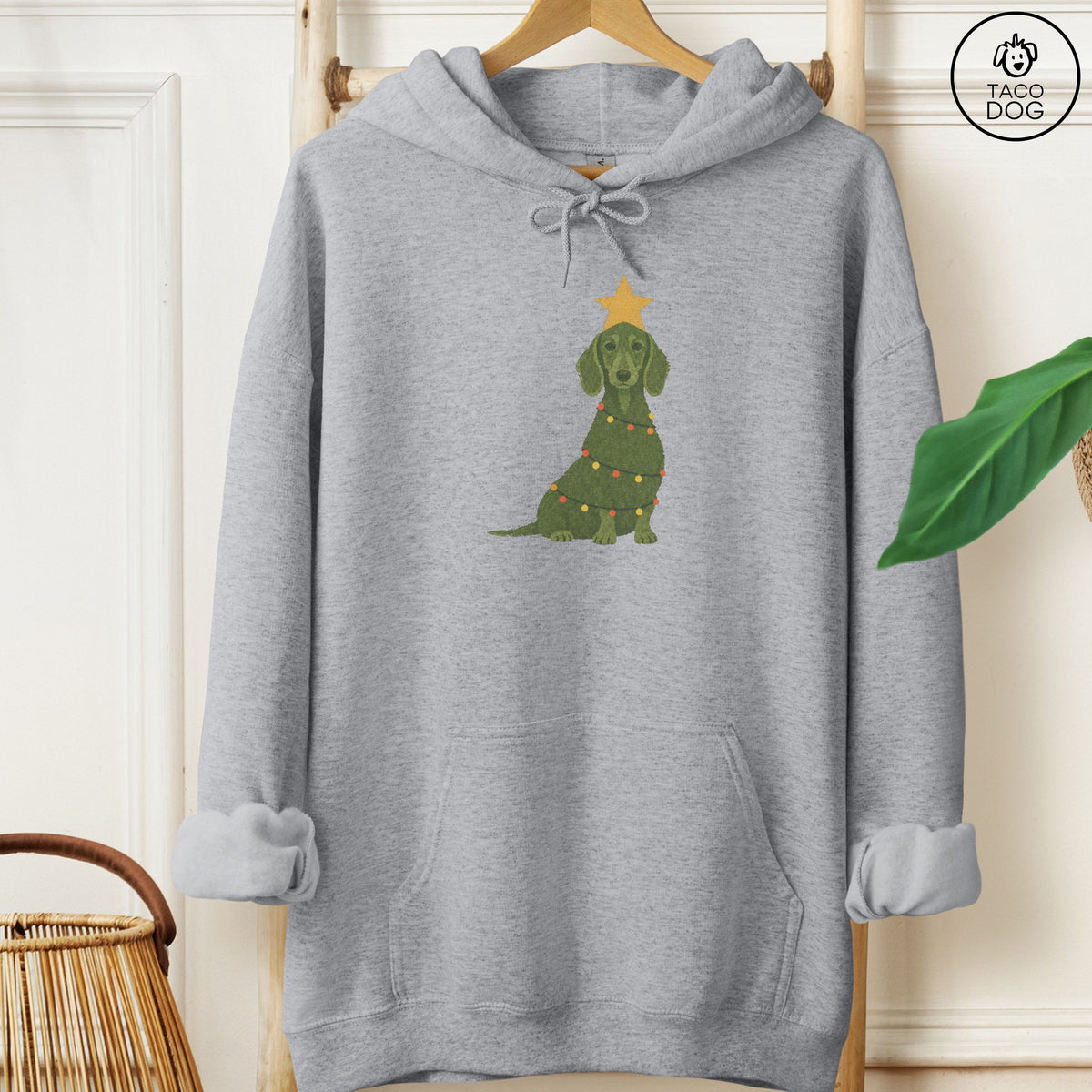 Dachshund Christmas Tree Hoodie Graphite Heather Taco-Dog