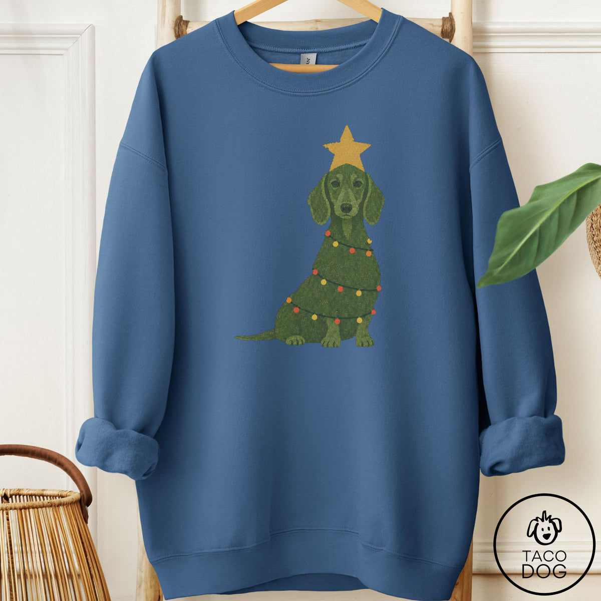 Dachshund Christmas Tree Sweatshirt Indigo Blue Taco-Dog