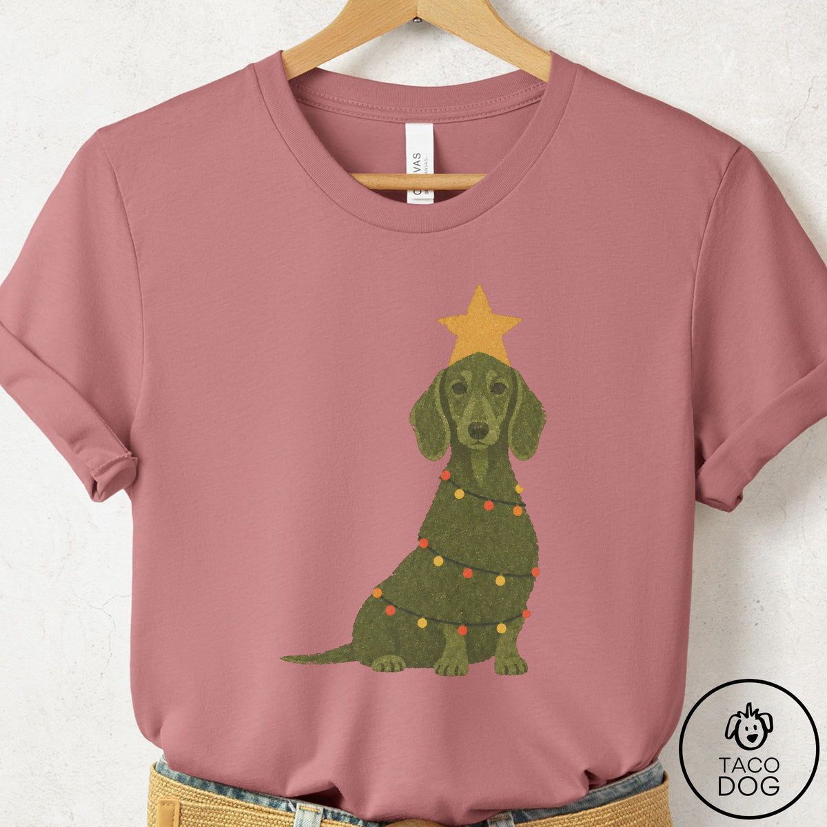 Dachshund Christmas Tree T-Shirt Mauve Taco-Dog