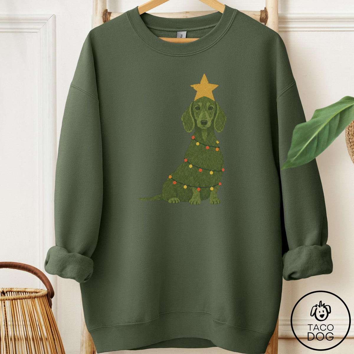 Dachshund Christmas Tree Sweatshirt Military Green Taco-Dog