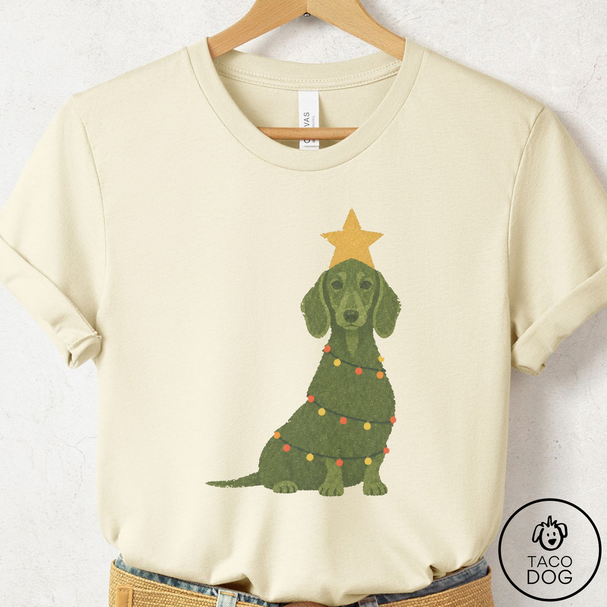 Dachshund Christmas Tree T-Shirt Natural Taco-Dog