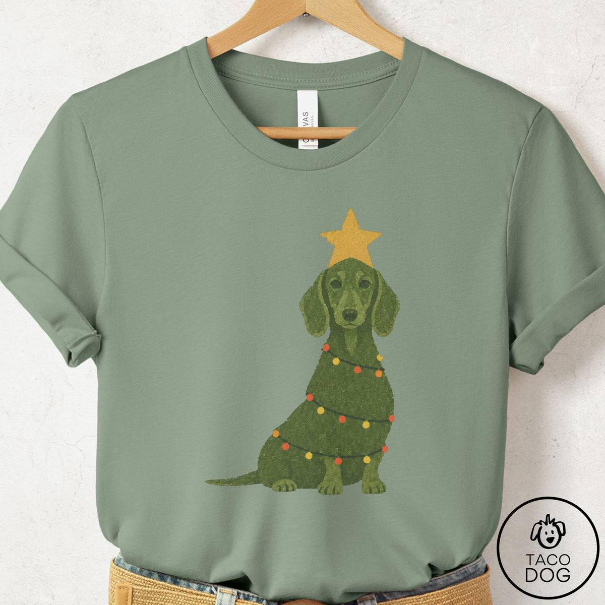 Dachshund Christmas Tree T-Shirt Sage Taco-Dog