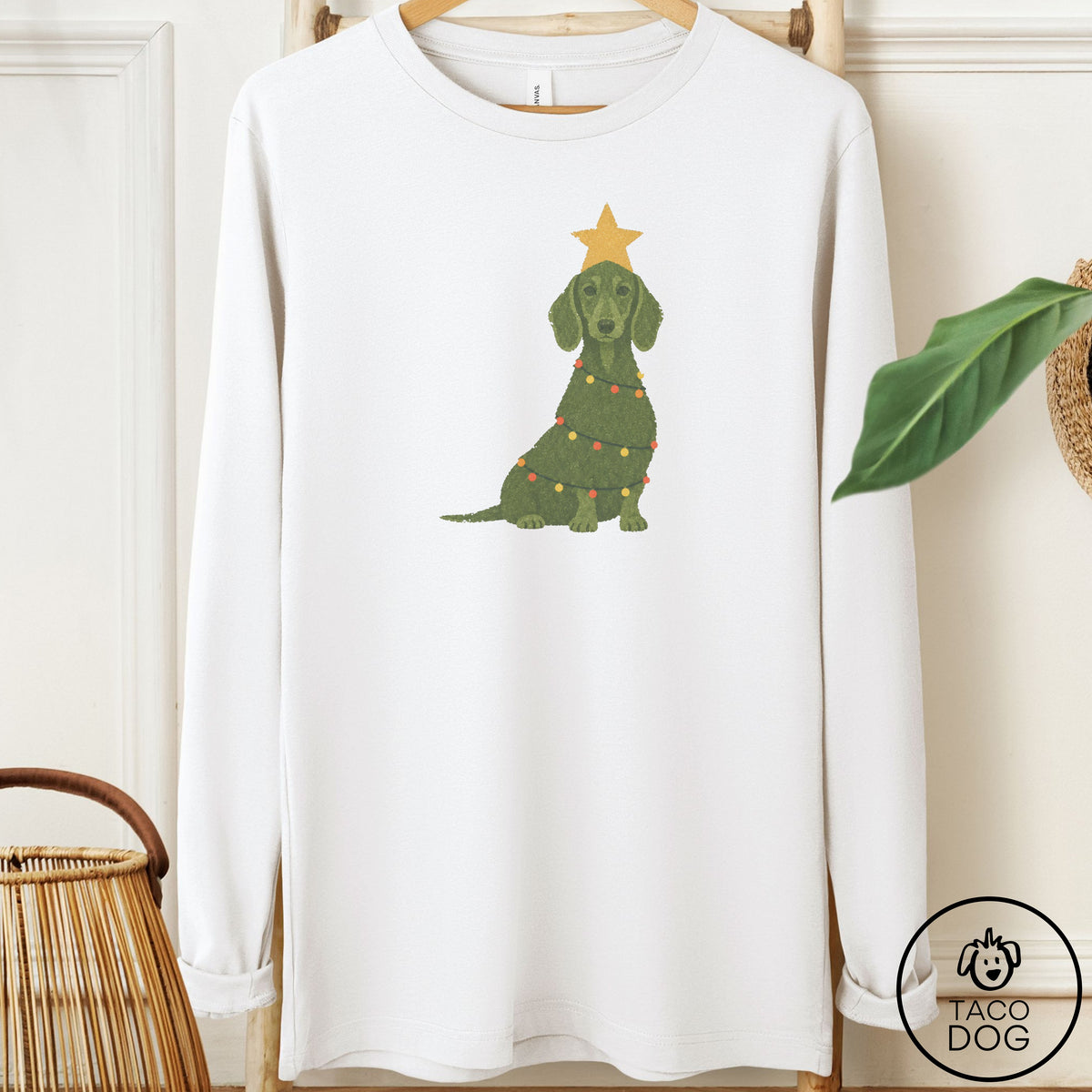Dachshund Christmas Tree Long Sleeve Tee White Taco-Dog