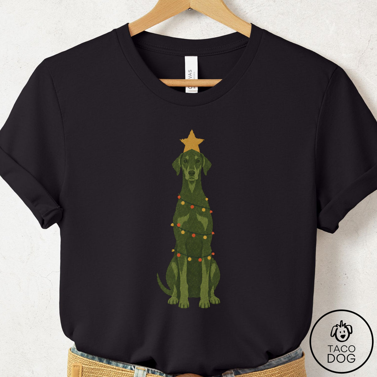 Doberman Christmas Tree T-Shirt Black Taco-Dog