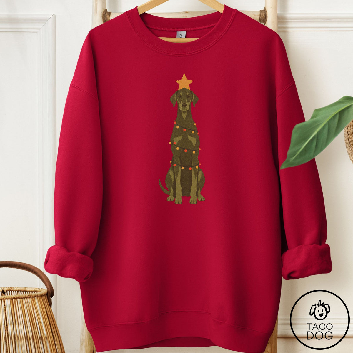 Doberman Christmas Tree Sweatshirt Cardinal Red Taco-Dog