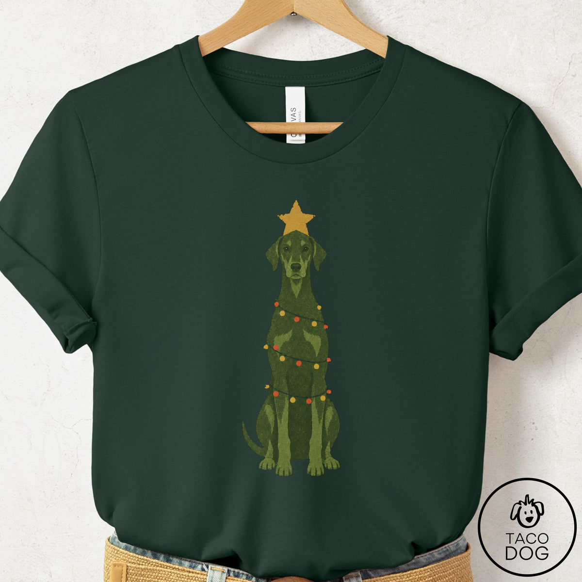 Doberman Christmas Tree T-Shirt Forest Taco-Dog