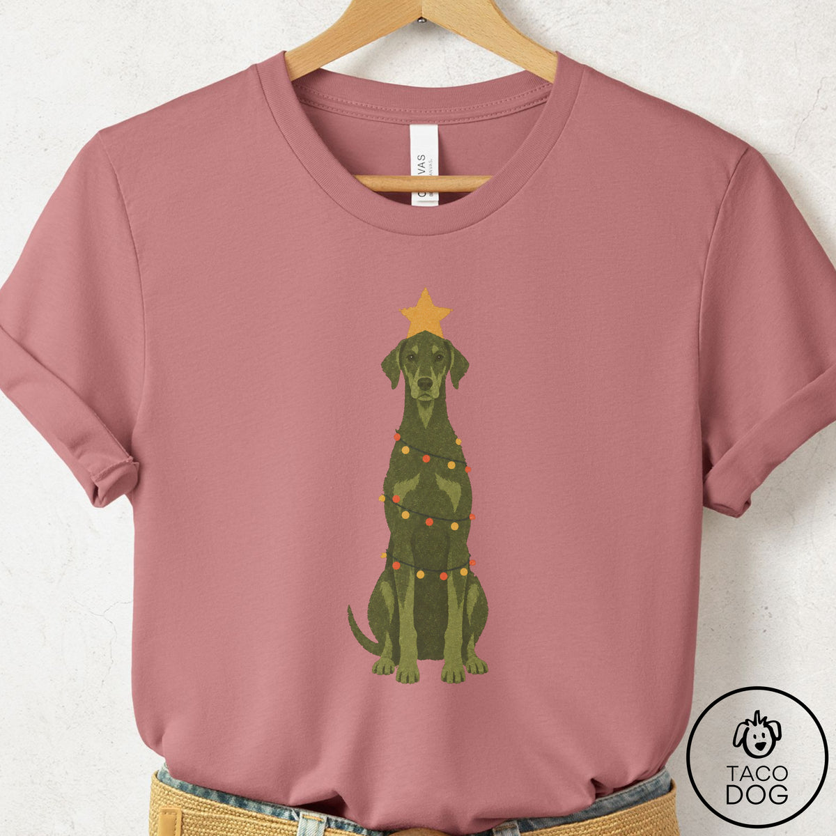 Doberman Christmas Tree T-Shirt Mauve Taco-Dog
