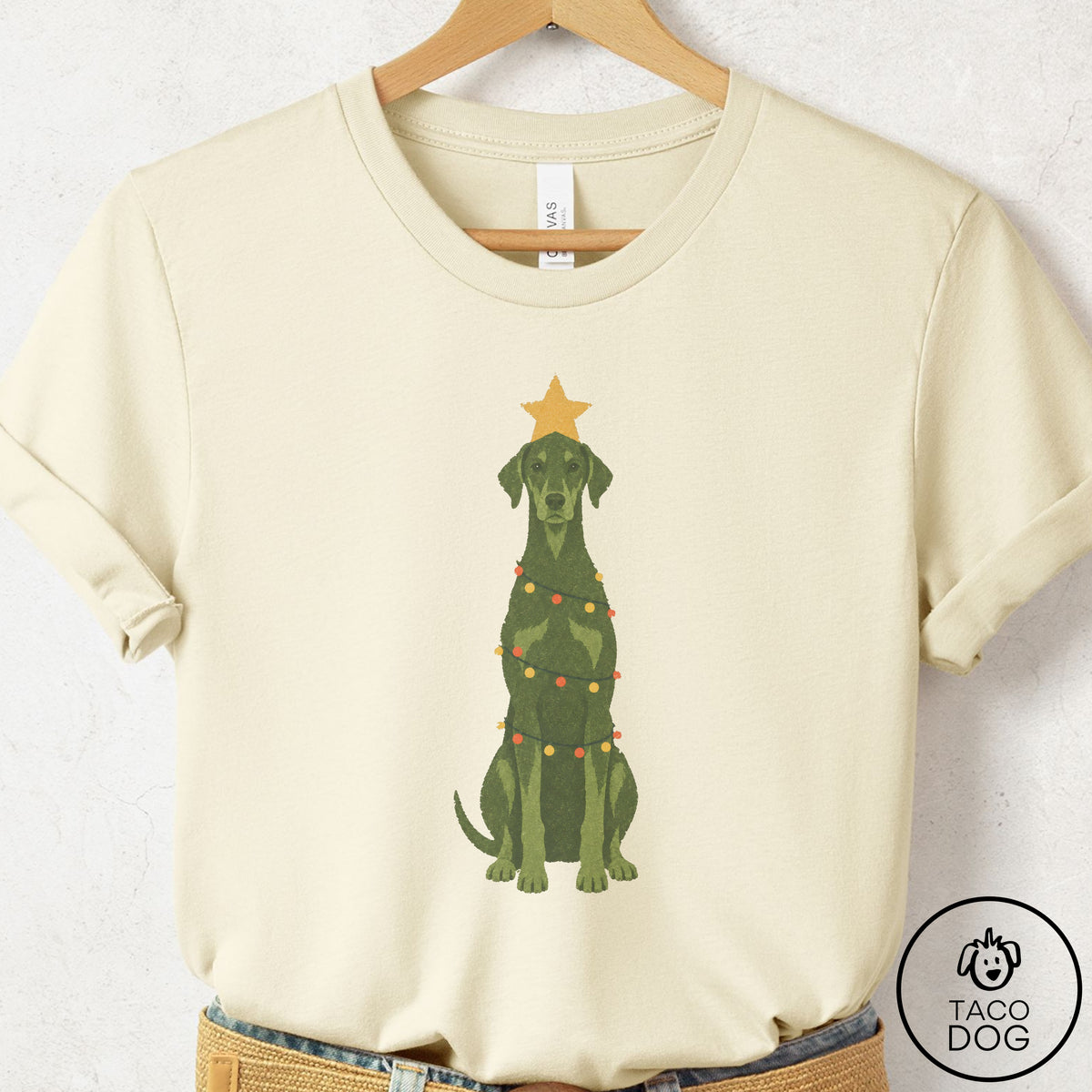 Doberman Christmas Tree T-Shirt Natural Taco-Dog
