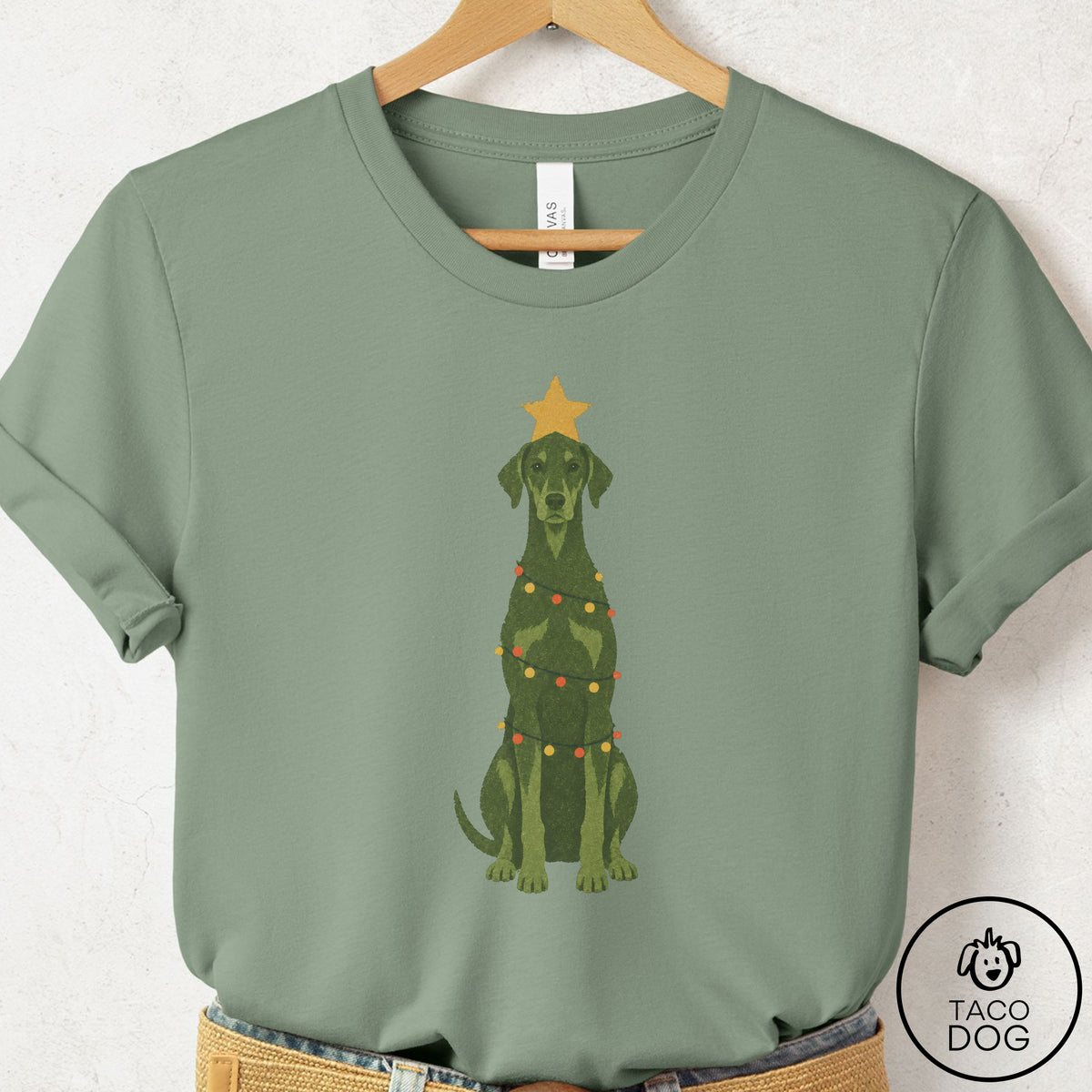 Doberman Christmas Tree T-Shirt Sage Taco-Dog