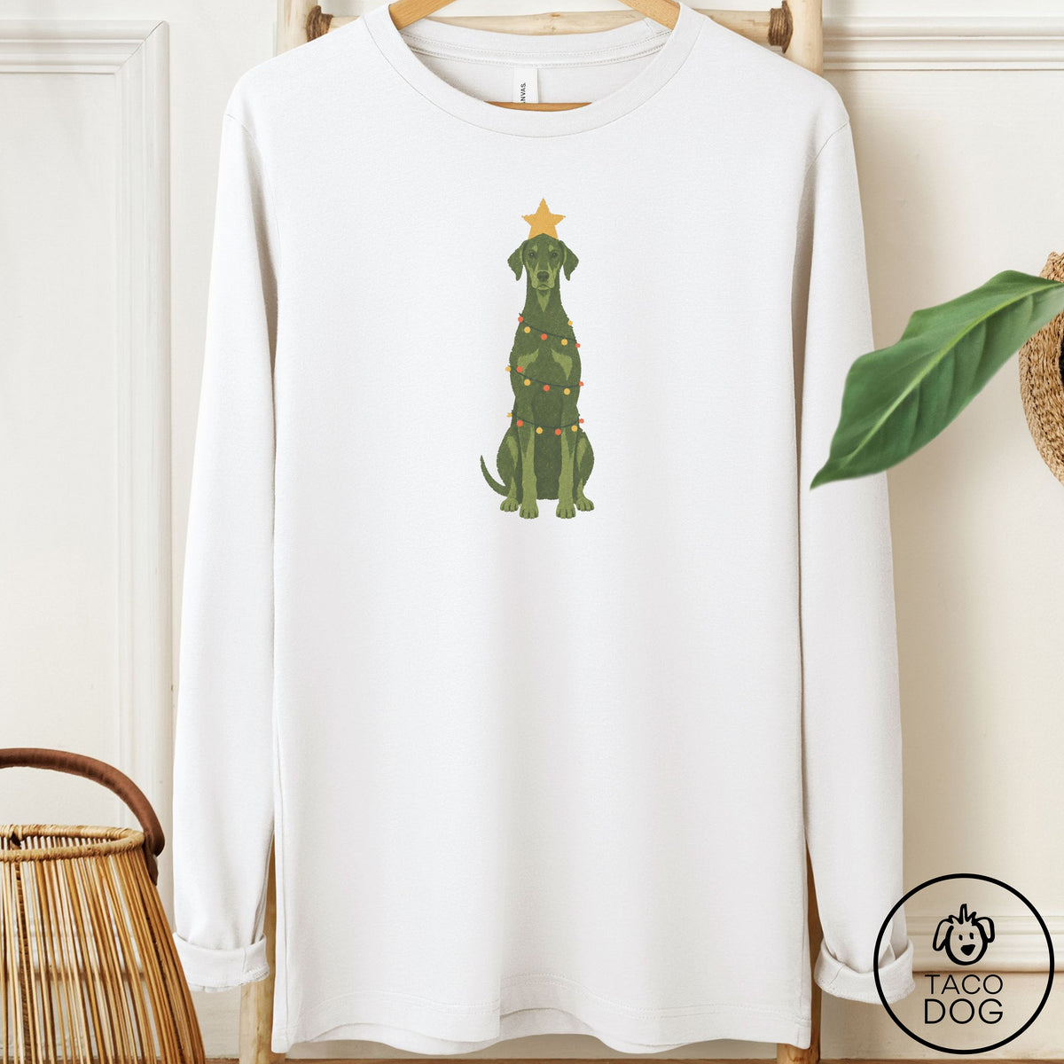 Doberman Christmas Tree Long Sleeve Tee White Taco-Dog