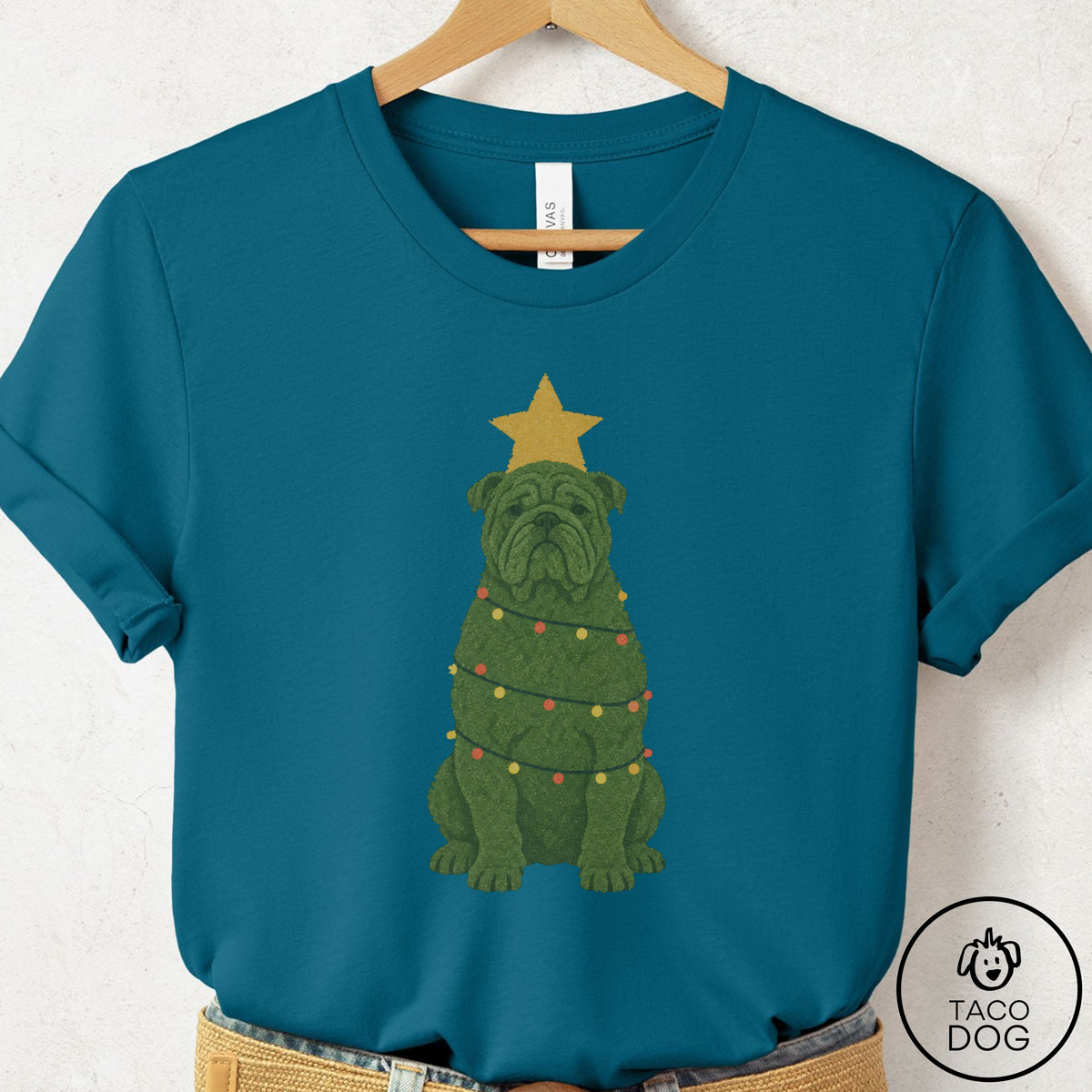 English Bulldog Christmas Tree T-Shirt Deep Teal Taco-Dog
