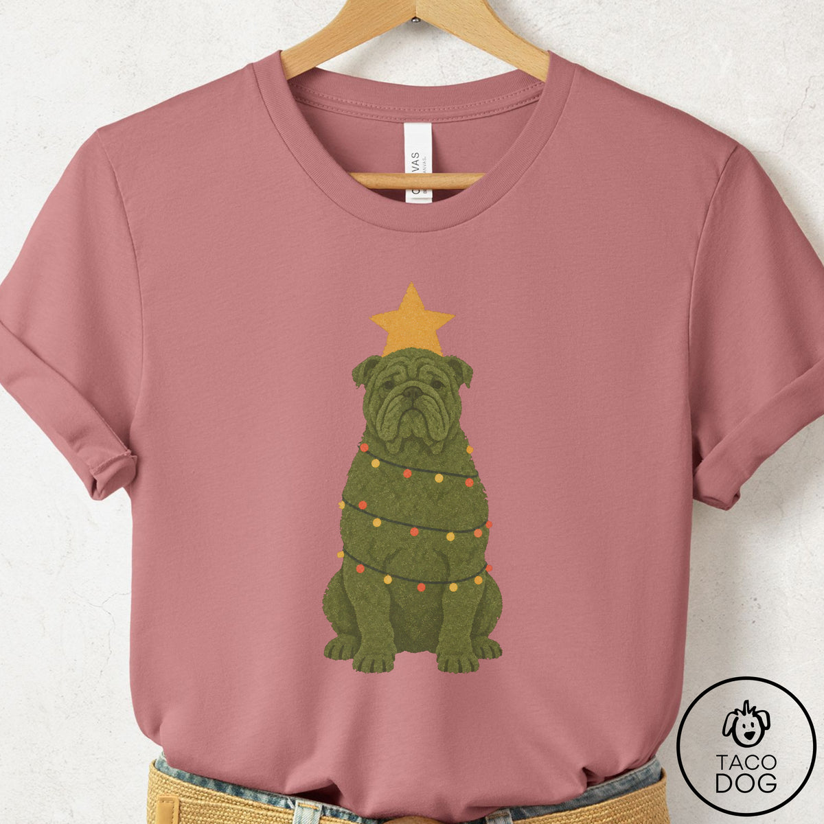 English Bulldog Christmas Tree T-Shirt Mauve Taco-Dog