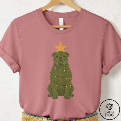English Bulldog Christmas Tree T-Shirt Mauve Taco-Dog