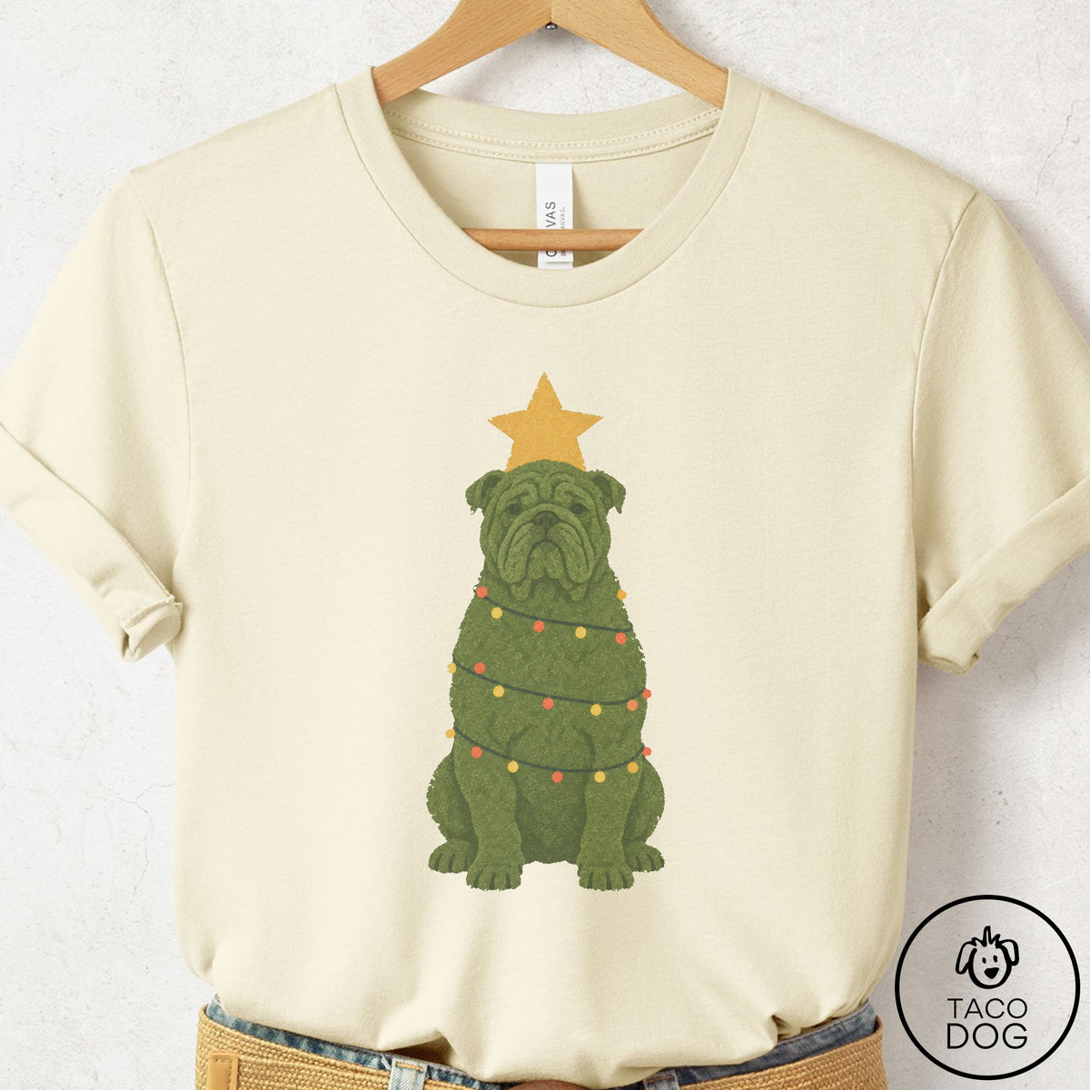 English Bulldog Christmas Tree T-Shirt Natural Taco-Dog