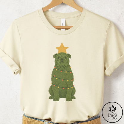 English Bulldog Christmas Tree T-Shirt Natural Taco-Dog