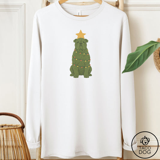 English Bulldog Christmas Tree Long Sleeve Tee White Taco-Dog